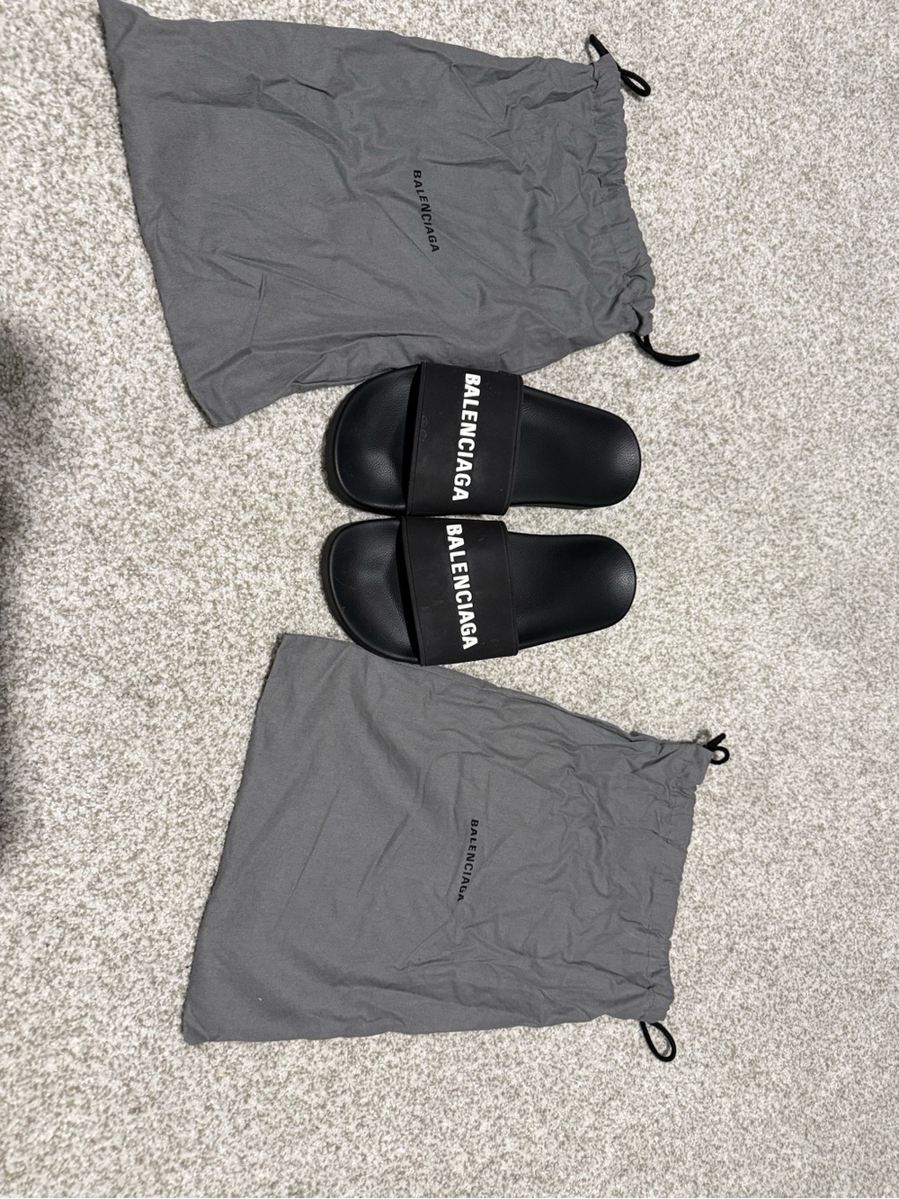 Balenciaga Black Logo Slide Sandals with Gray Dust Bags